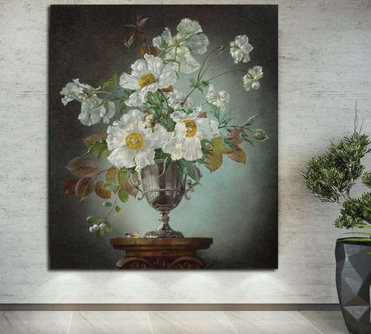 Poster - Pictură „Flori albe într-o vază”, 30 x 45 см, Panza pe cadru
