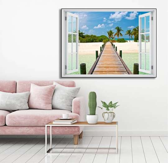 Наклейка на стену - 3D-окно с видом на солнечный пляж, 130 х 85