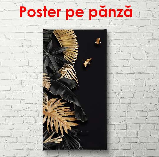 Постер - Золотистые листья на черном фоне, 50 x 150 см, Постер в раме