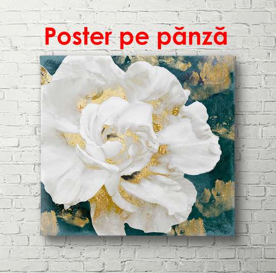 Постер - Белый цветок с золотыми элементами, 40 x 40 см, Холст на подрамнике