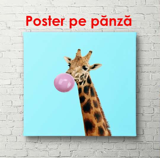 Постер, Жираф на голубом фоне, 100 x 100 см, Постер в раме, Животные