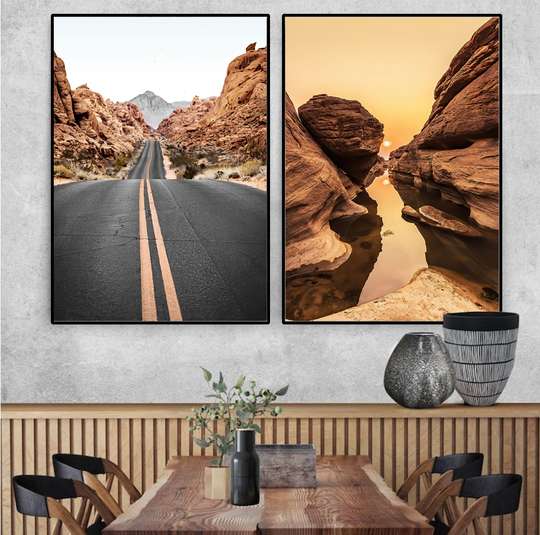 Poster - Road and sunset in the desert, 60 x 90 см, Framed poster on glass