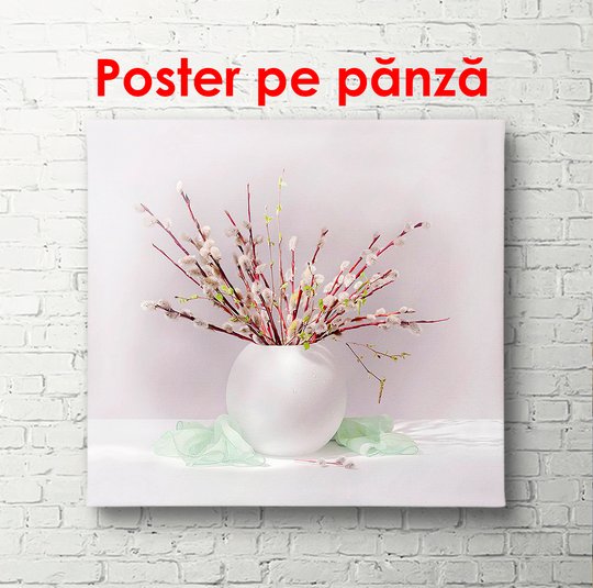 Poster, Vază albă cu crenguțe, 100 x 100 см, Poster înrămată