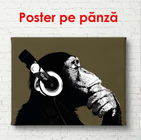 Постер - Обезьяна с наушниками на черном фоне, 90 x 60 см, Постер в раме