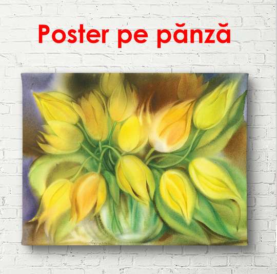 Постер - Букет из желтых цветов на столе, 90 x 60 см, Постер в раме