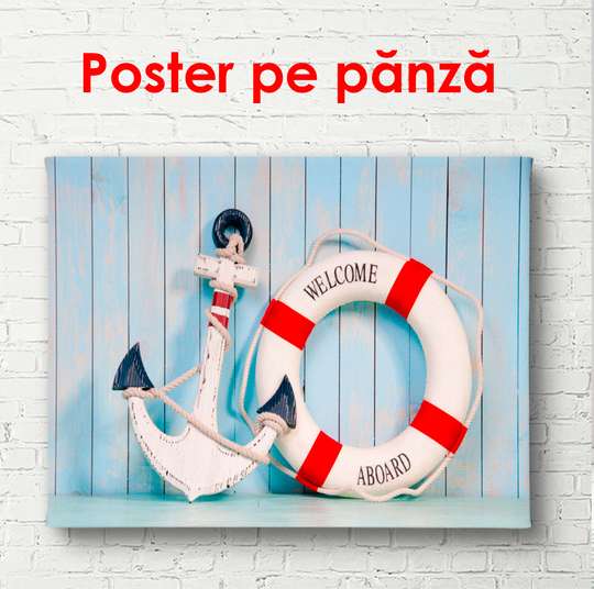 Poster - Anchor and lifebuoy against the background of the wall, 90 x 60 см, Framed poster