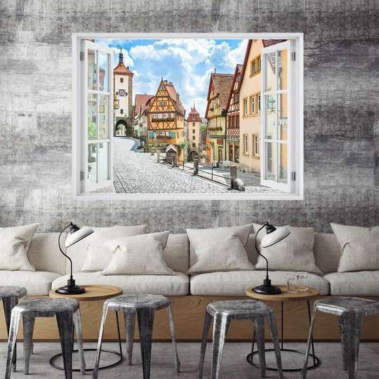 Stickere pentru pereți - Fereastra 3D cu vedere spre un cartier plăcut, Imitarea Ferestrei, 130 х 85