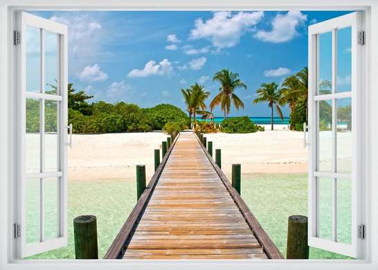 Наклейка на стену - 3D-окно с видом на солнечный пляж, Имитация окна, 130 х 85