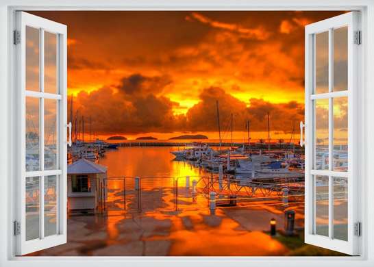 Stickere pentru pereți - Fereastra cu vedere spre un port la apus de soare, Imitarea Ferestrei, 130 х 85