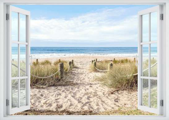 Наклейка на стену - Вид из окна с видом на пляж, Имитация окна, 130 х 85