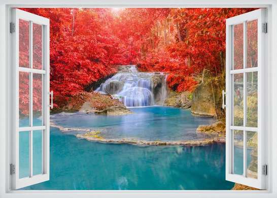Wall Sticker - Window overlooking the cascade surrounded by red flowers