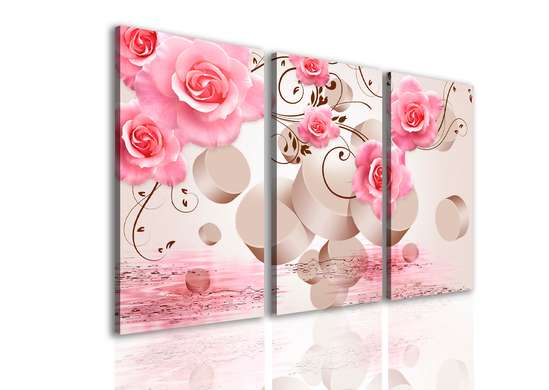 Tablou Pe Panza Multicanvas, Trandafirul roz pe un fundal 3D.