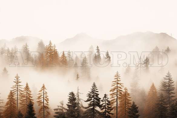 Wall mural - Mountain forest with pines in shades of beige