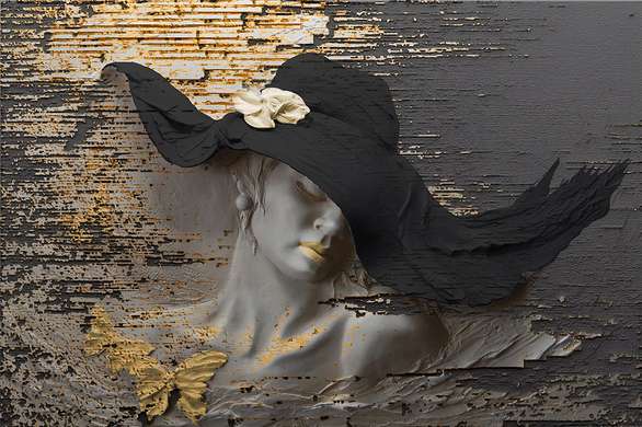 3Д Фотообои - Дама в черной шляпе с золотыми элементами