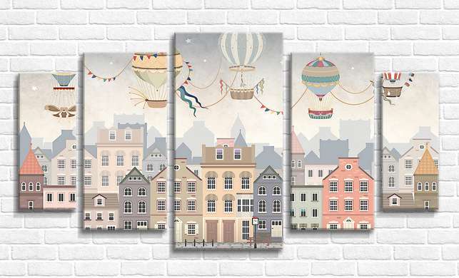 Modular picture, Houses and balloons, 108 х 60