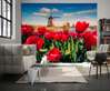 Wall Mural - Red tulips on the background of the windmill