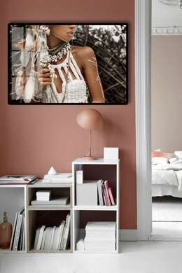 Постер - Портрет девушки в стиле Бохо, 45 x 30 см, Холст на подрамнике