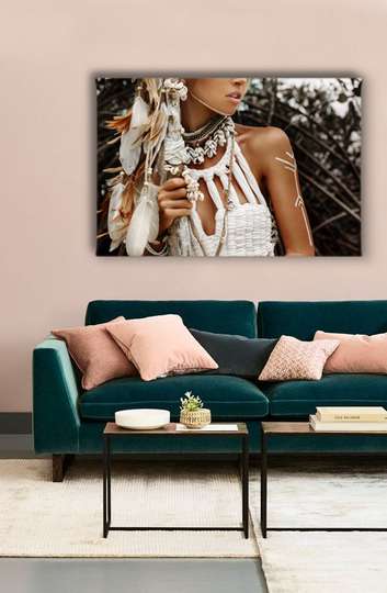 Poster - Portrait of a girl in Boho style, 45 x 30 см, Canvas on frame, Glamour