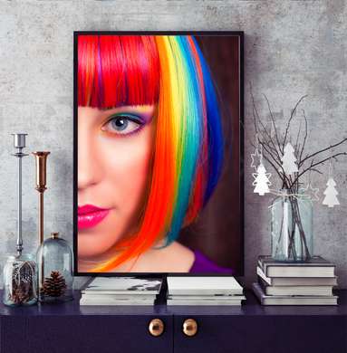 Poster - Girl with rainbow hairstyle, 45 x 90 см, Framed poster on glass