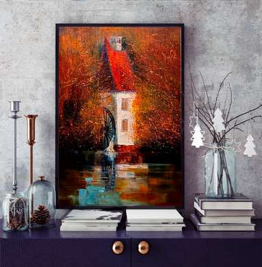 Постер - Картина водяной мельницы, 30 x 45 см, Холст на подрамнике