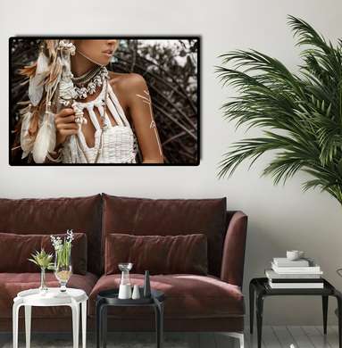 Poster - Portretul unei fete în stil boho, 90 x 60 см, Poster inramat pe sticla