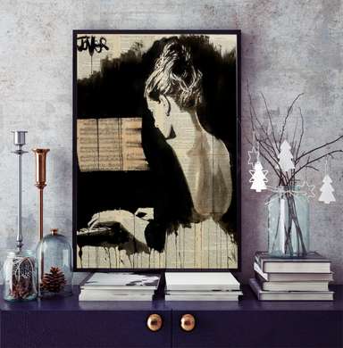Постер - За пианиной, 30 x 45 см, Холст на подрамнике, Черно Белые