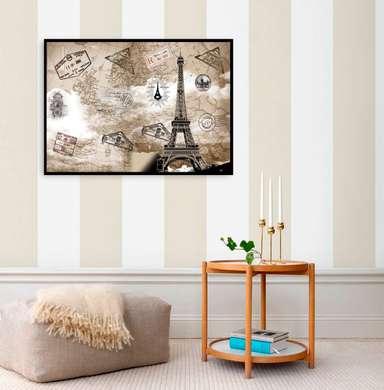 Poster - Hartă retro cu Turnul Eiffel, 90 x 60 см, Poster înrămat, Orașe și Hărți
