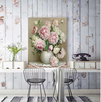 Poster - Vaza albă cu bujori roz, 60 x 90 см, Poster înrămat, Natură Moartă