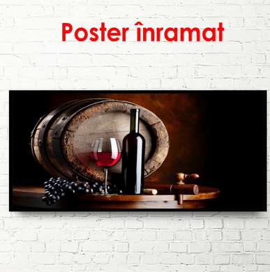 Poster - Vinul roșu și un butoi, 90 x 45 см, Poster înrămat, Alimente și Băuturi