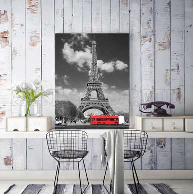 Poster - Autobuz roșu în Paris alb-negru, 60 x 90 см, Poster înrămat, Alb Negru