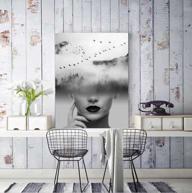 Poster - Fata alb-negru în nori, 60 x 90 см, Poster înrămat, Glamour