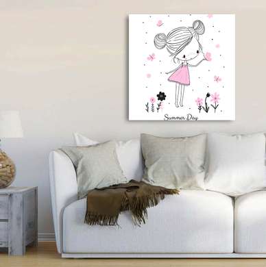 Poster - Fetița cu floricele, 40 x 40 см, Panza pe cadru, Pentru Copii