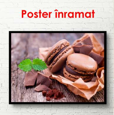 Poster - Chocolate macaron cookies on the table, 90 x 60 см, Framed poster, Food and Drinks