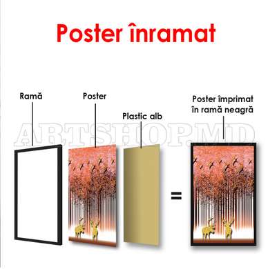 Poster - Pădurea abstractă cu păsări și elani, 30 x 60 см, Panza pe cadru, Glamour