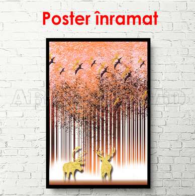 Poster - Pădurea abstractă cu păsări și elani, 30 x 60 см, Panza pe cadru, Glamour