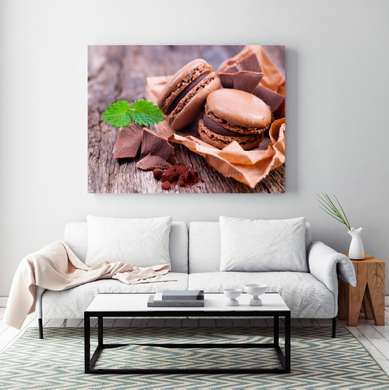 Poster - Chocolate macaron cookies on the table, 90 x 60 см, Framed poster, Food and Drinks