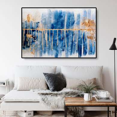 Poster - Blue lines and golden smudges, 45 x 30 см, Canvas on frame, Abstract