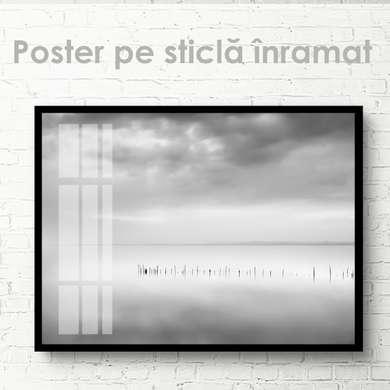 Постер - Серый пейзаж озера, 90 x 60 см, Постер на Стекле в раме, Природа