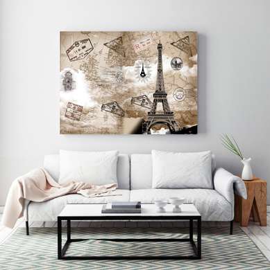 Poster - Hartă retro cu Turnul Eiffel, 90 x 60 см, Poster înrămat, Orașe și Hărți