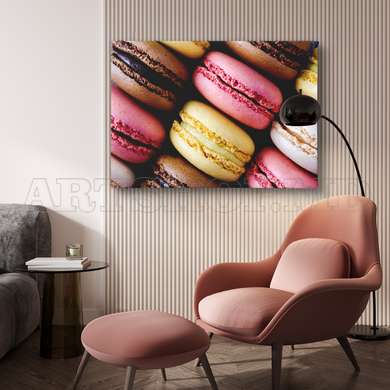 Poster - Macarons in culori pale, 45 x 30 см, Panza pe cadru, Alimente și Băuturi