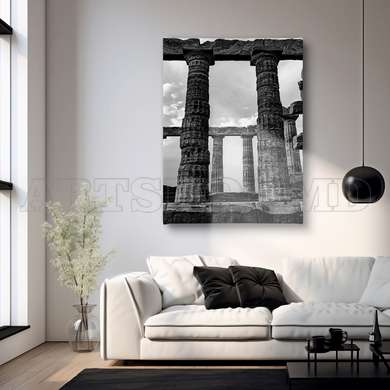 Poster - Black & White Greece Columns, 60 x 90 см, Framed poster on glass, Maps and Cities