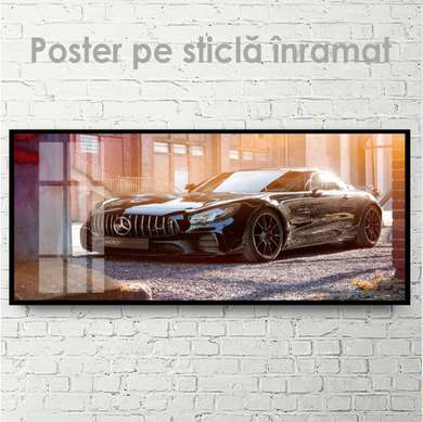 Poster - Mercedes negru lucios, 90 x 45 см, Poster inramat pe sticla