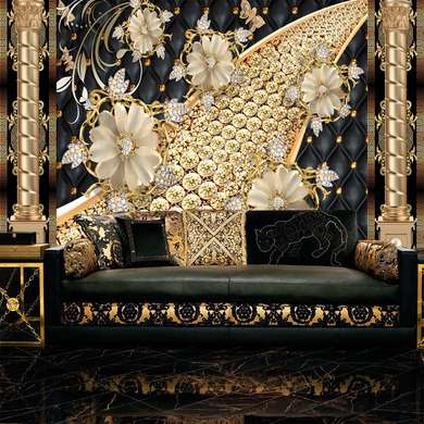 Wall Mural - Golden flowers on a black and gold background