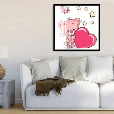 Poster - Pink cat with a heart, 40 x 40 см, Canvas on frame, For Kids