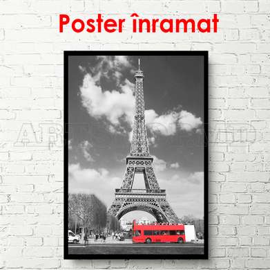 Poster - Autobuz roșu în Paris alb-negru, 60 x 90 см, Poster înrămat, Alb Negru