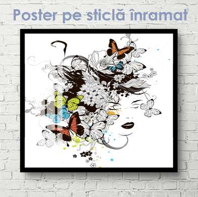 Poster - Fată cu fluturi, 100 x 100 см, Poster inramat pe sticla, Diverse