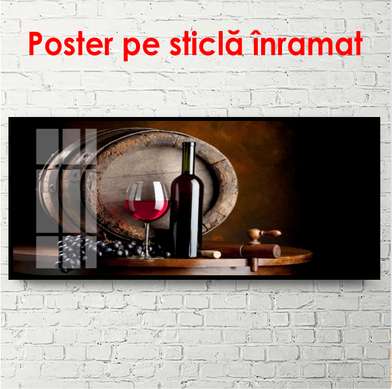 Постер - Красное вино на фоне бочки, 90 x 45 см, Постер в раме, Еда и Напитки