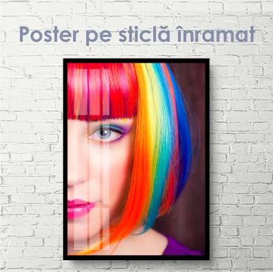 Постер - Девушка с радужной прической, 45 x 90 см, Постер на Стекле в раме