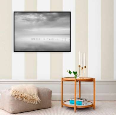 Постер - Серый пейзаж озера, 90 x 60 см, Постер на Стекле в раме, Природа