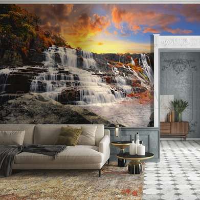 Wall Mural - Rocky waterfall at sunset